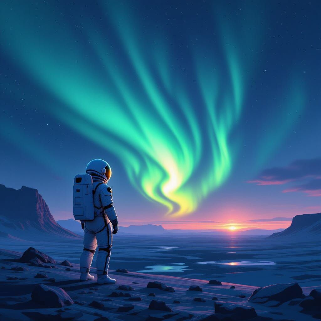 Astronaut Gazes at Alien Aurora Borealis