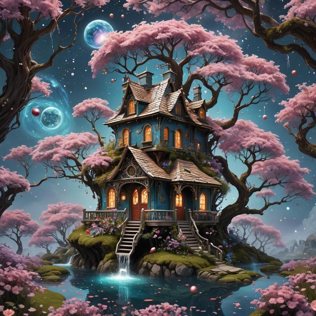 4D, floating whimsical house, magical