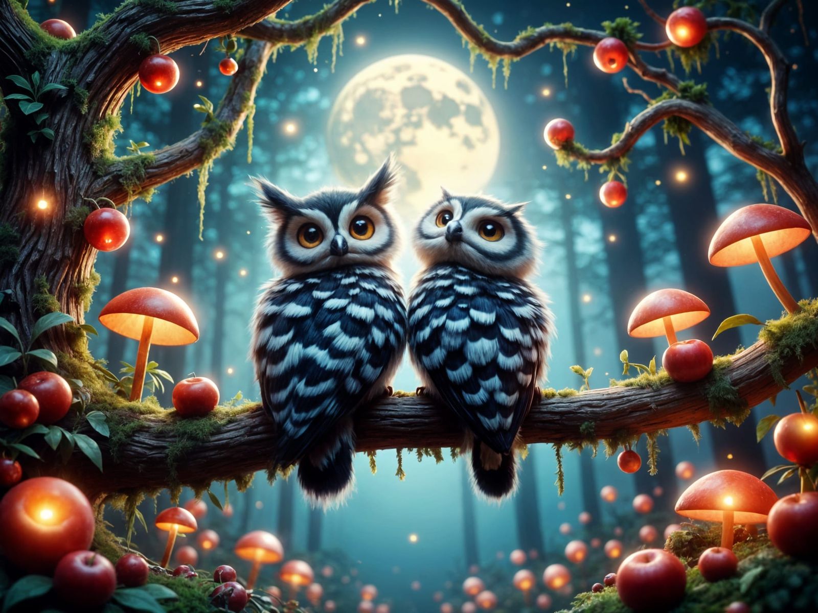 Whimsical Black and White Owls Perch in a Moonlit Enchanted ...
