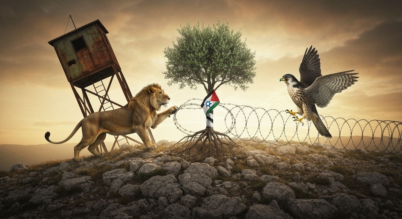 Lion and Falcon Guarding Olive Tree at Dawn