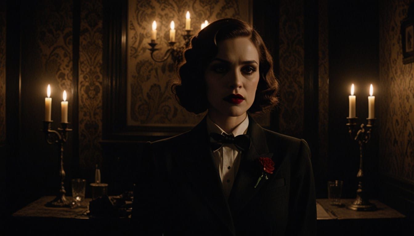 Vampire Woman in Tuxedo with Rose, Film Noir Style
