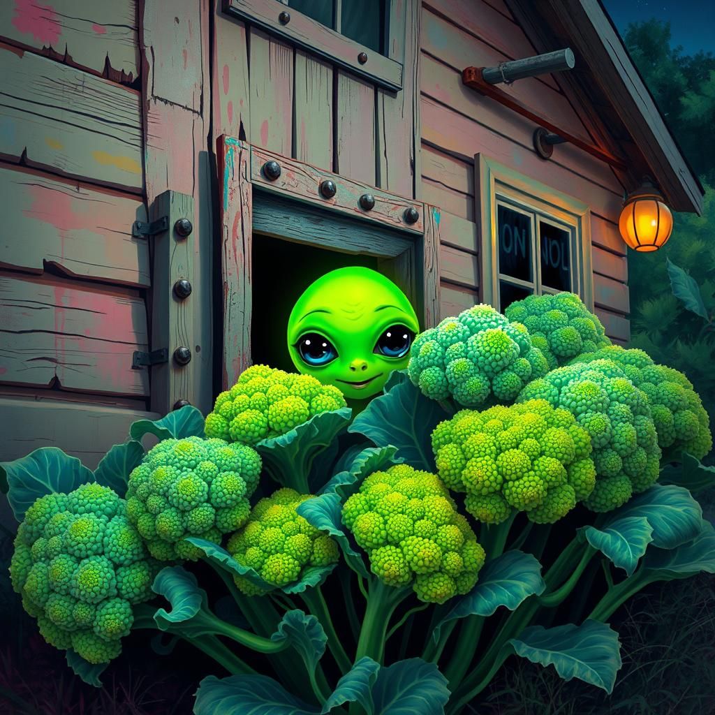 Luminescent Alien Peeks from Broccoli, Whimsical Street Art