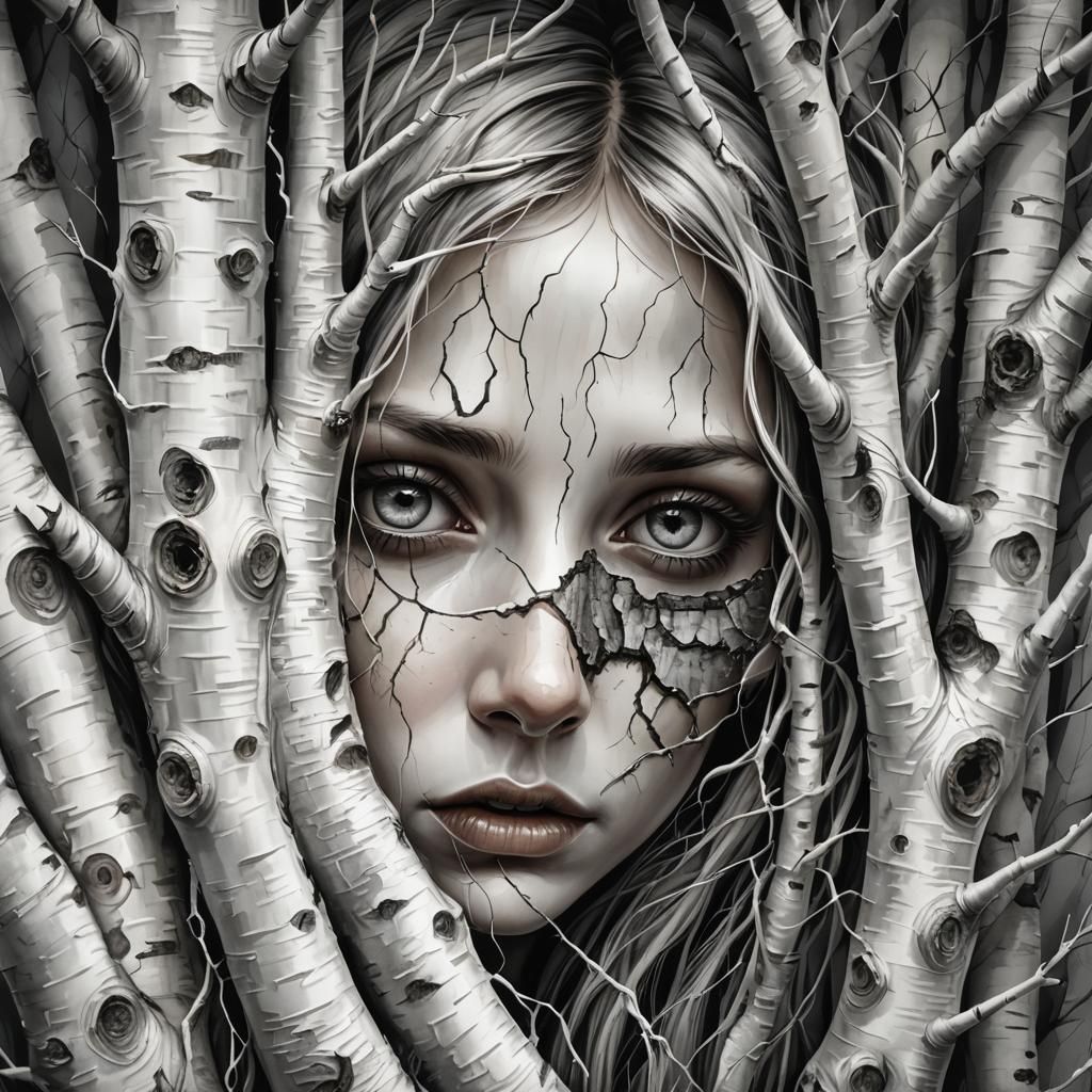 Girl Transforms to Birch Tree in Dark Surrealism