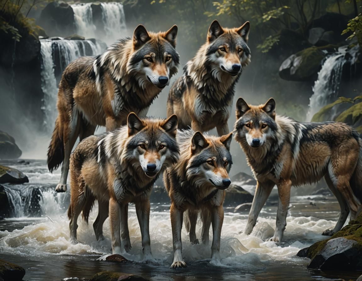 Wolves Near Waterfall: Realistic Digital Art