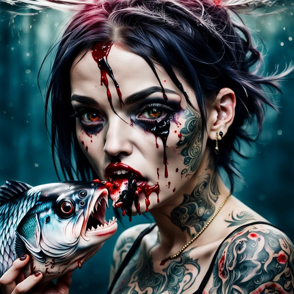 Tattooed Woman with Black Eyes Eating Fish