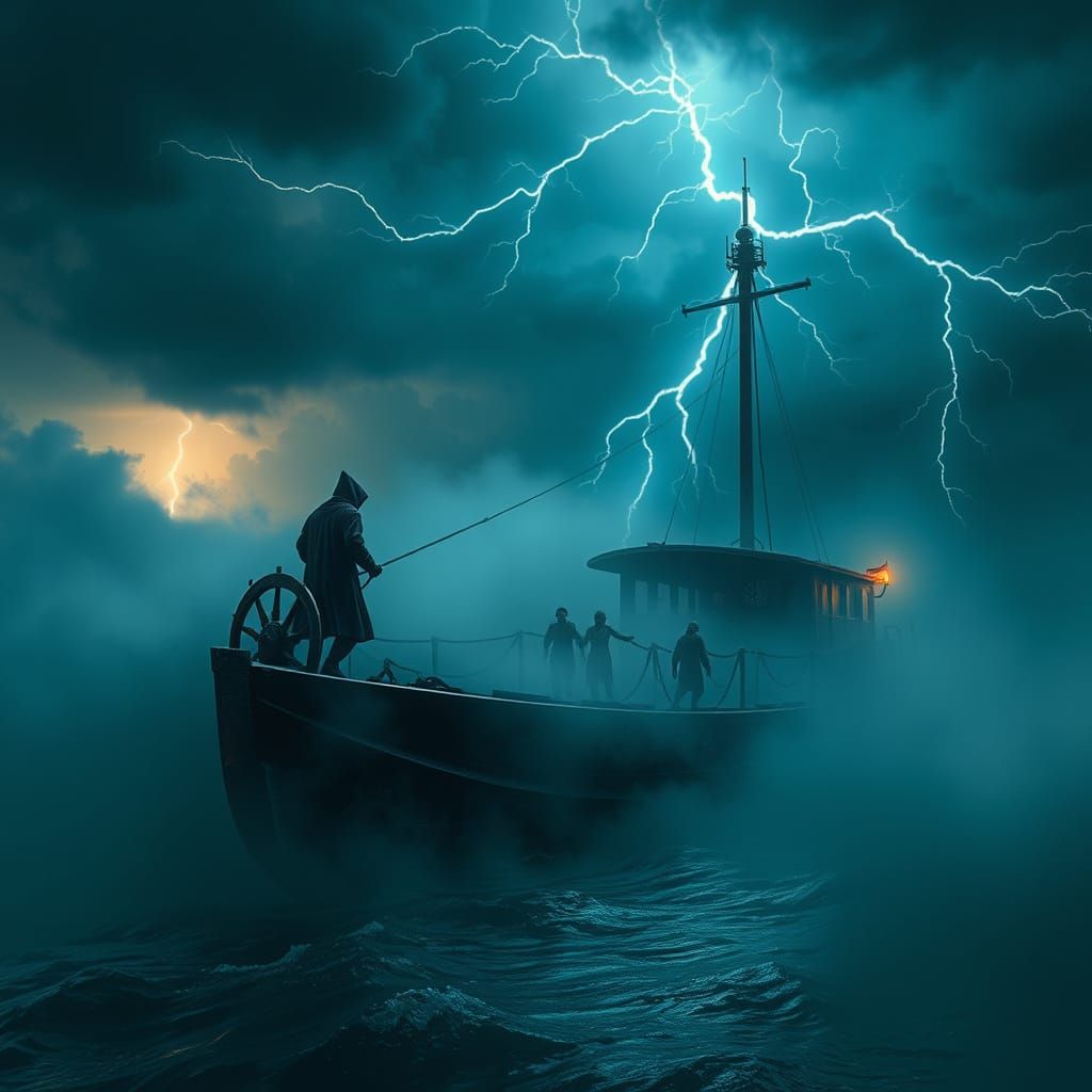 Mystical Ferry Crossing Under Ominous Stormy Skies