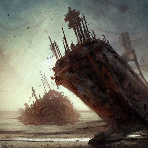 Sinister Rusted Shipwreck on Ruined Beach