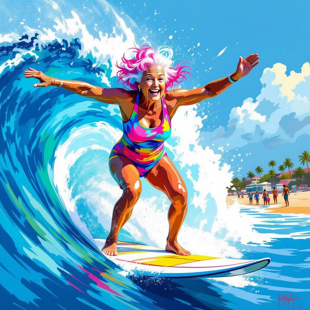 Fearless Elderly Woman Rides a Wave in Street Art Style