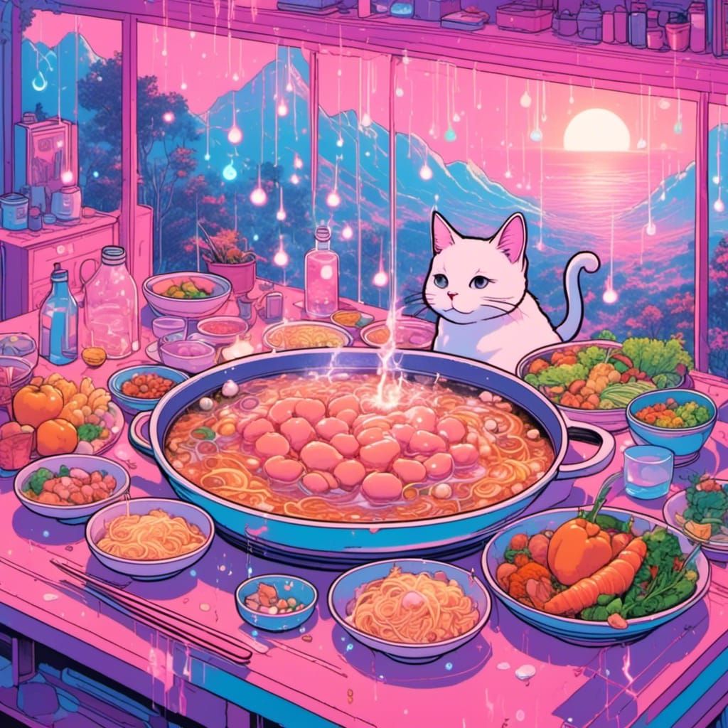 Vaporwave Hotpot with Cat Paw and Pastel Colors
