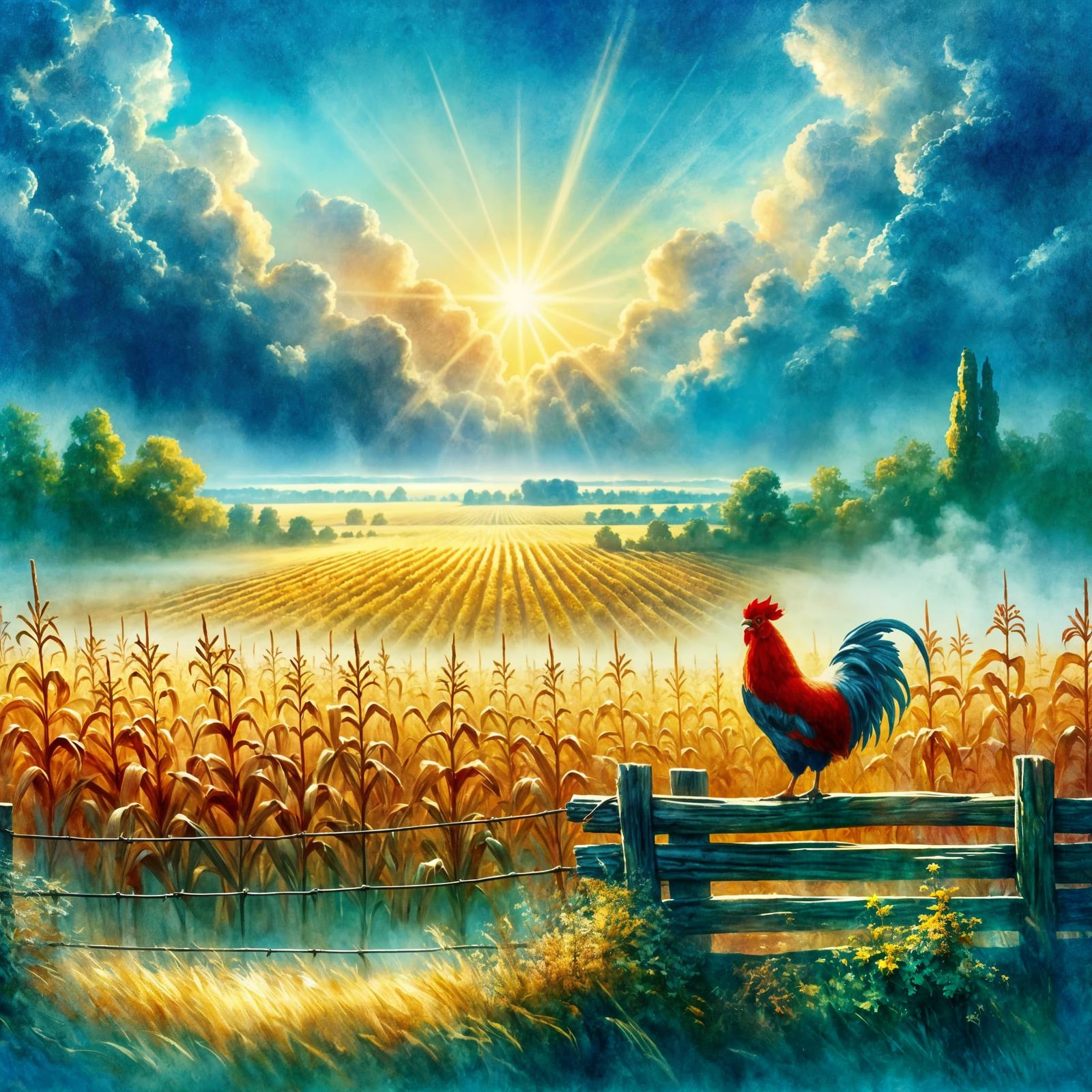 Watercolor Rooster in Golden Cornfield Landscape