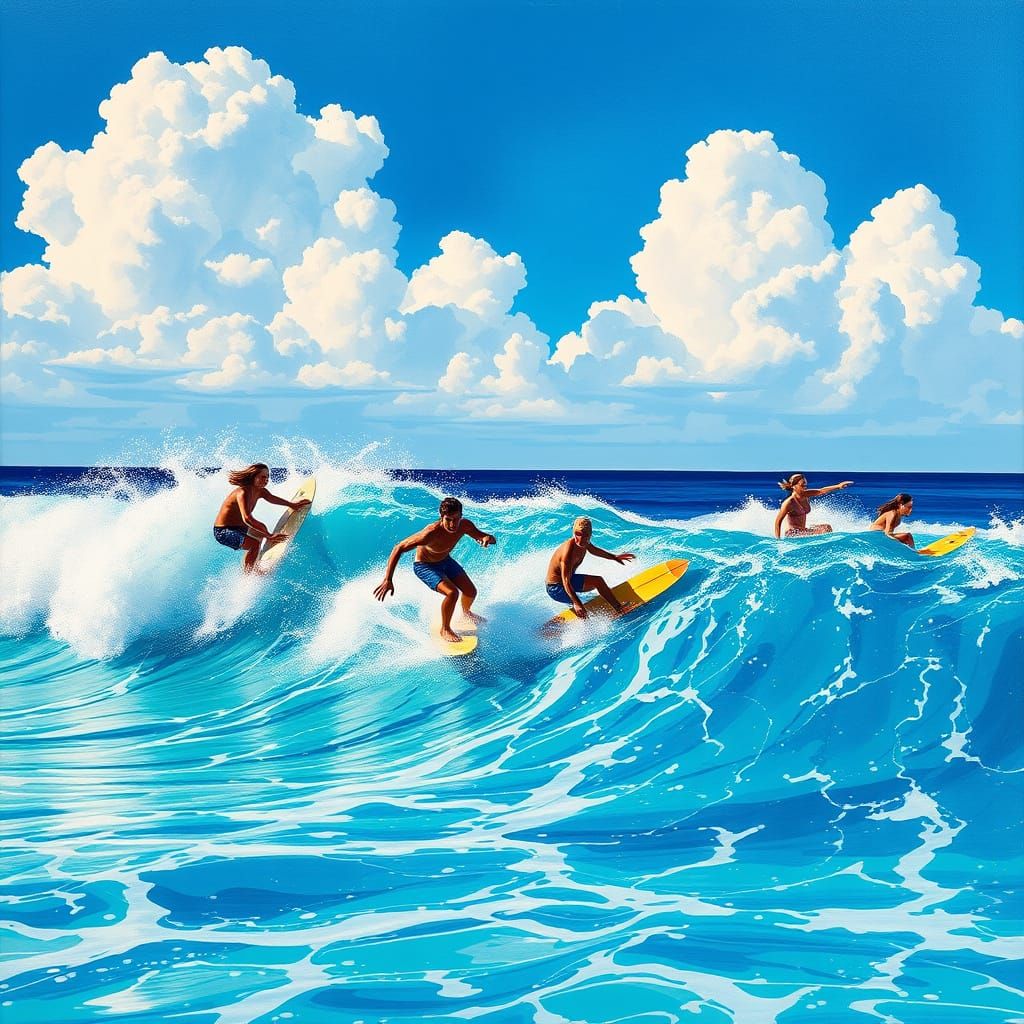 Surfers in Vibrant Gouache Style
