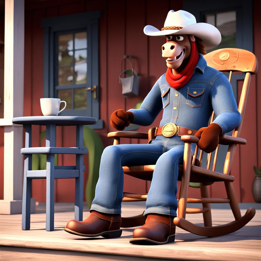 Horse in Overalls on Rocking Chair, 3D Art