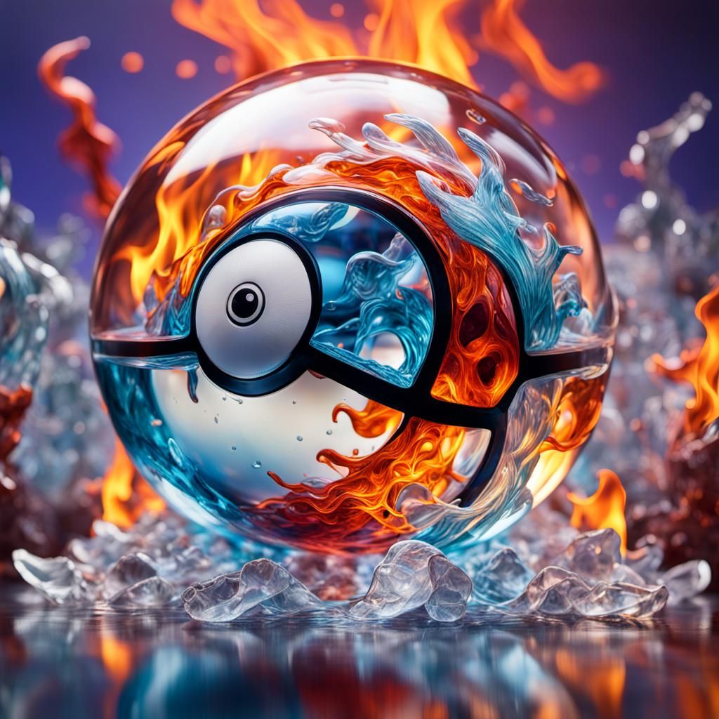 Vibrant Glass Sculpture of Fire and Ice Pokemon Ball