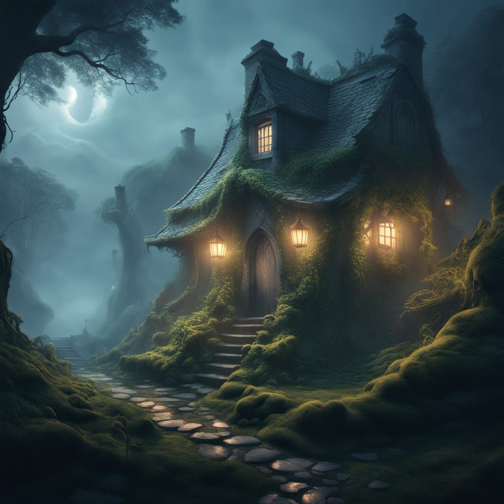 Mystical Forest Cottage in Golden Hour Light