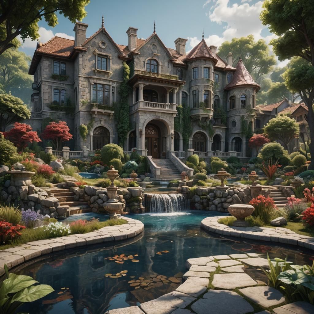 Dream Mansion with Pool and Ferrari, Detailed Matte Painting