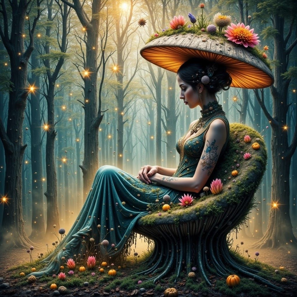 Fractal Wave Princess in Forest with Double Exposure, Digita...