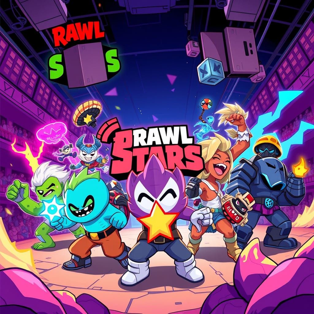 Vibrant Cartoon Brawl Stars Arena in Bold Neon Colors