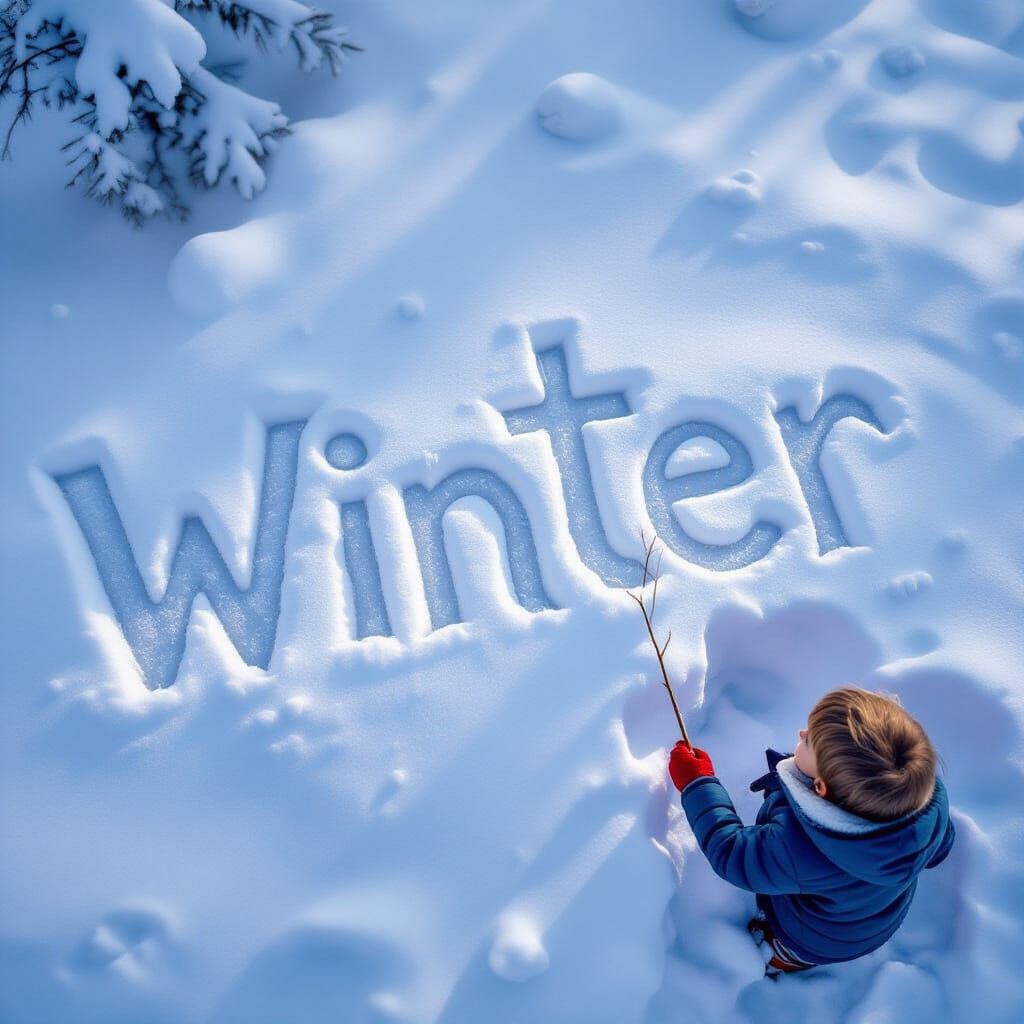 Child Carves "Winter" in Snow With Stick