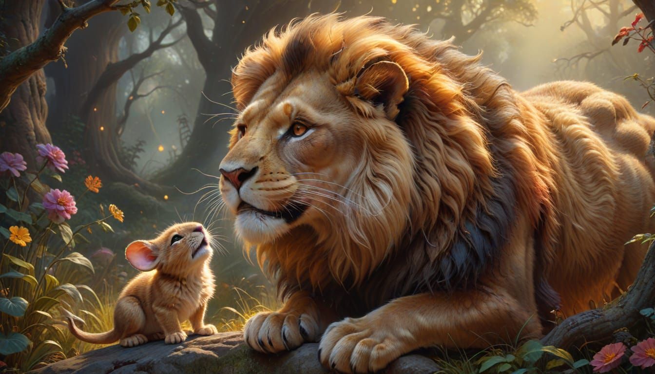 Giant Mouse and Dwarf Lion in Oil Painting