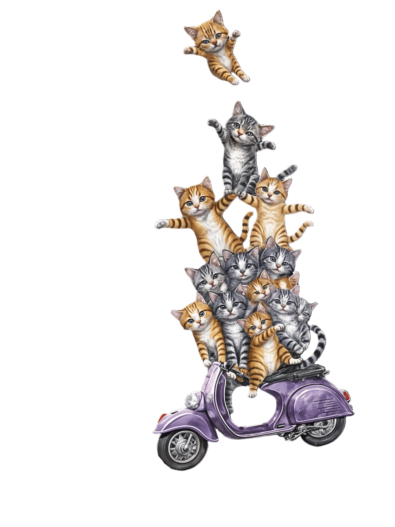 Whimsical Cats in Chaos on a Purple Vespa