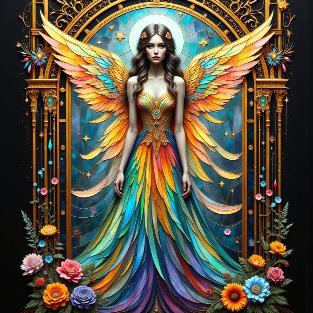 Stained Glass Angel with Rainbow Light, Art Nouveau Style