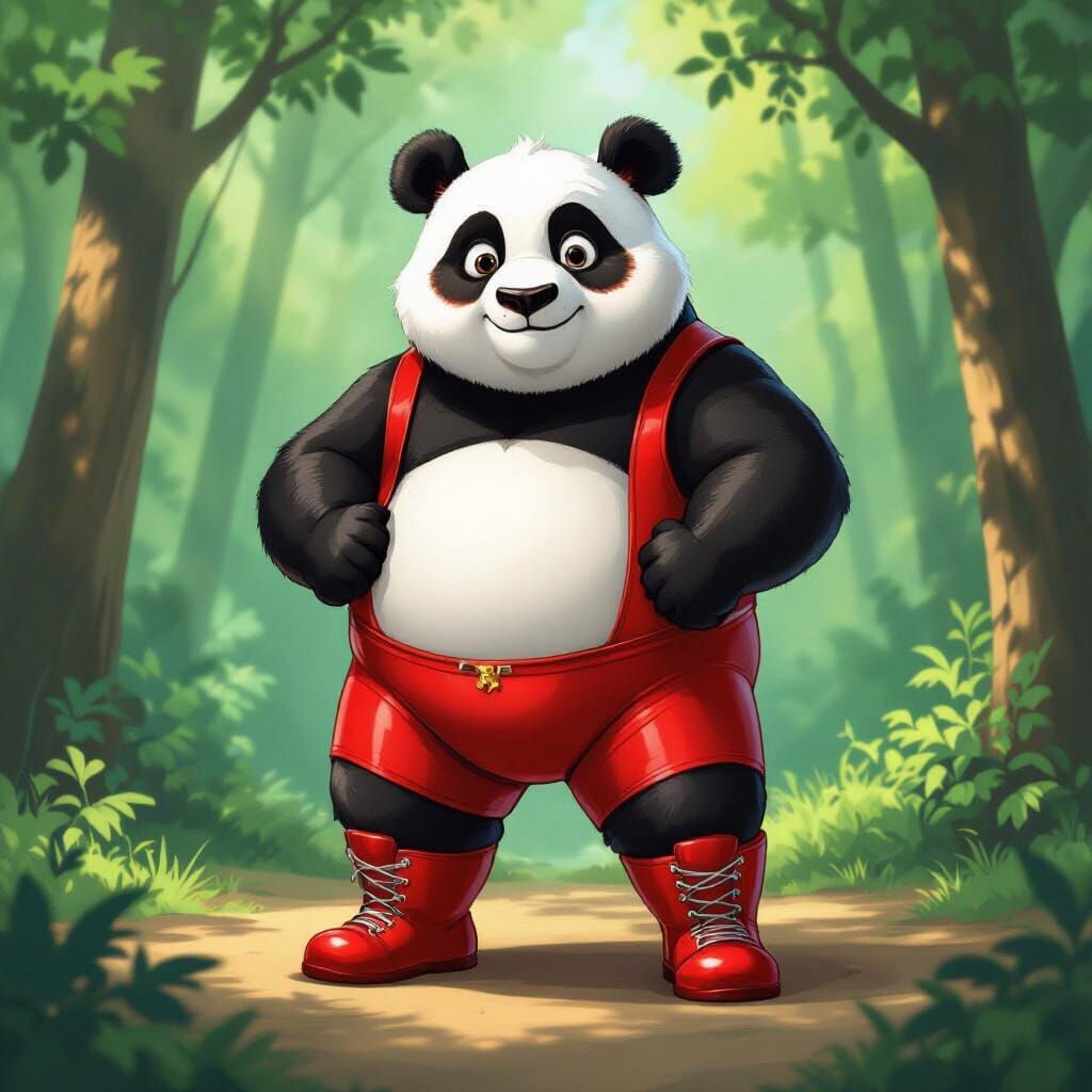 Mature Panda Wrestler in Red Suit in Forest