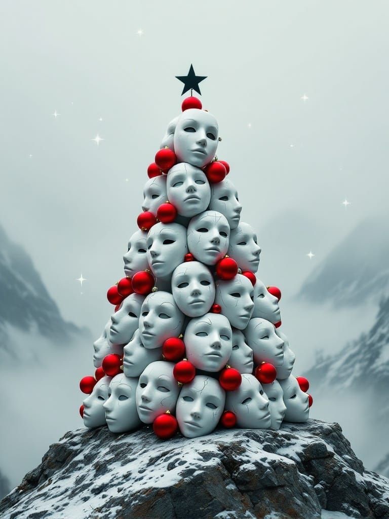 Surreal Holiday Tree of Masks in Winter Wonderland
