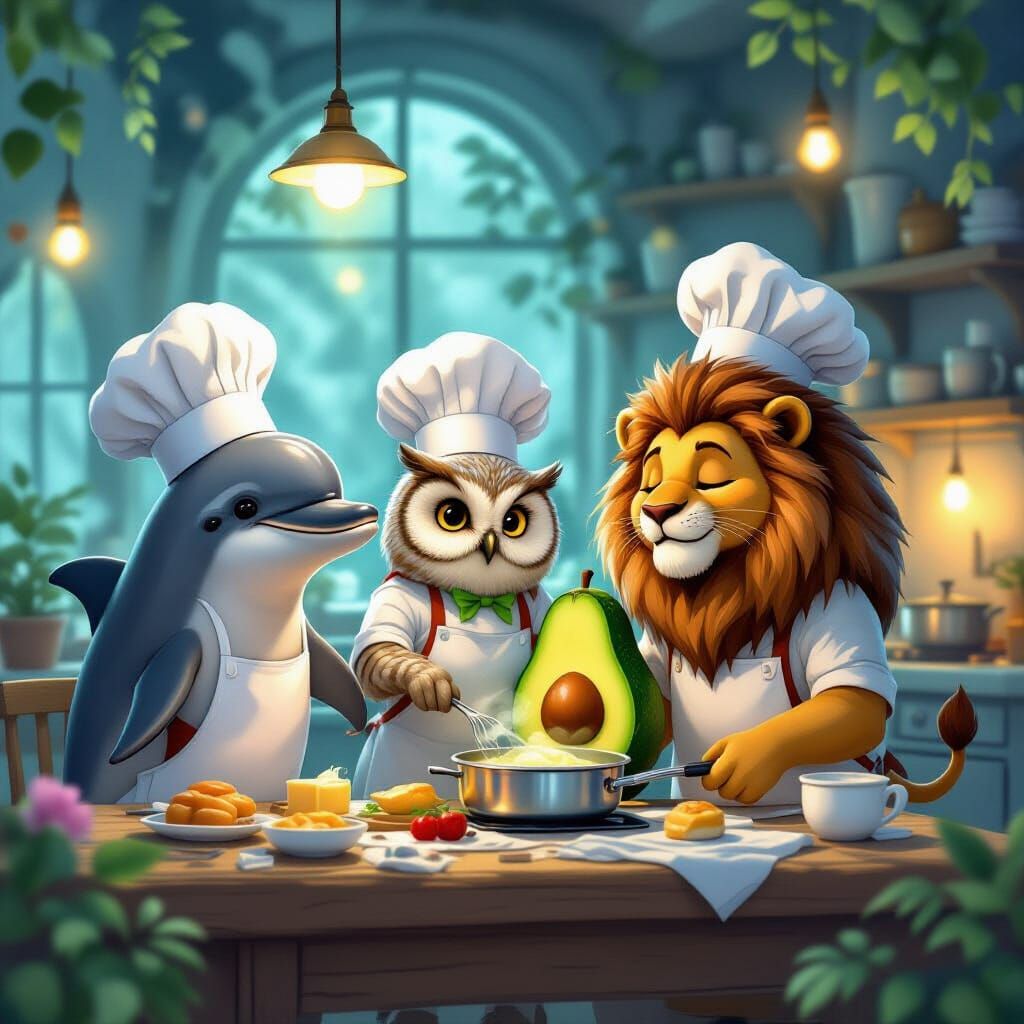 Fantasy Animals and Avocado Cook Together in Ethereal Kitche...