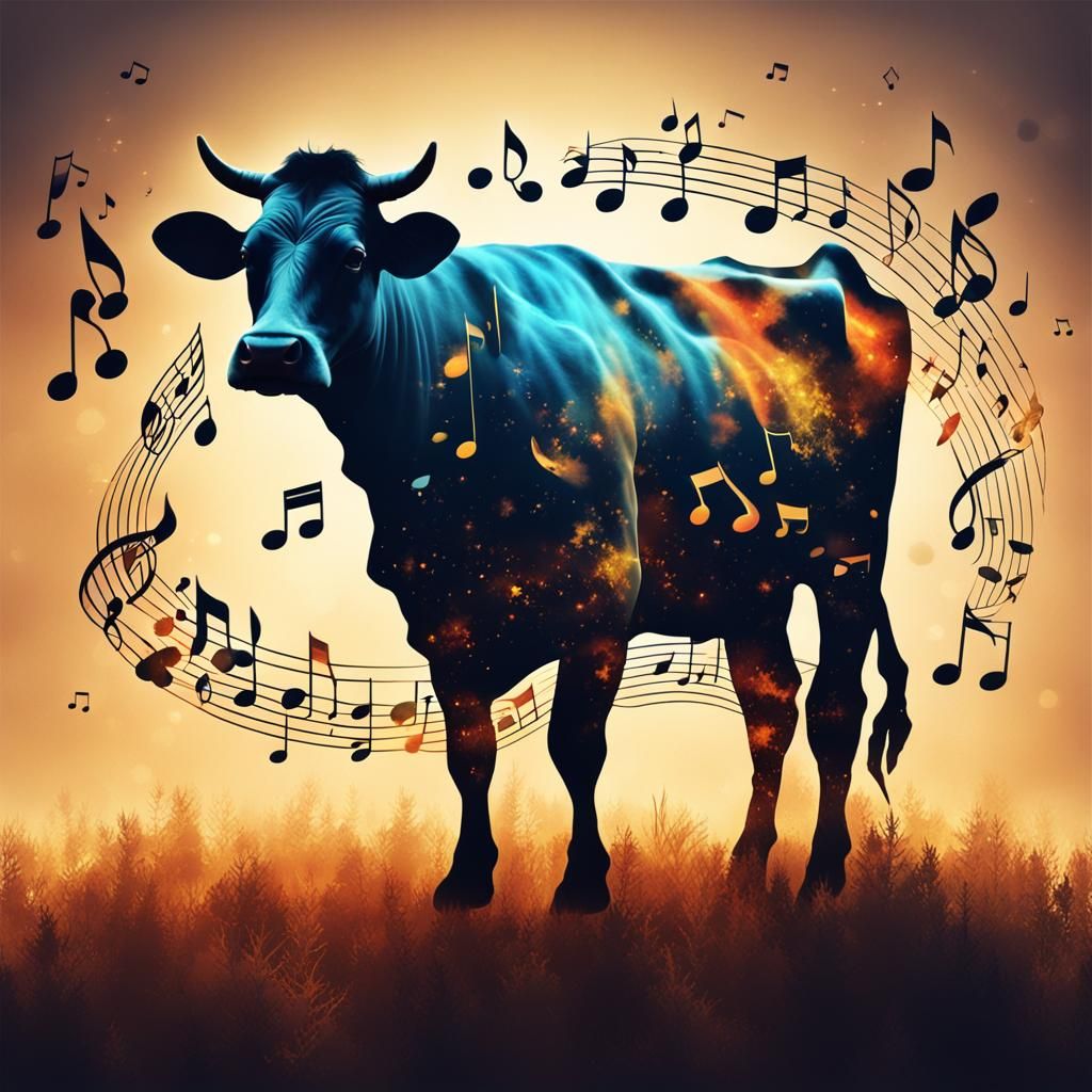 Cow Silhouette with Musical Notes in Splash Art