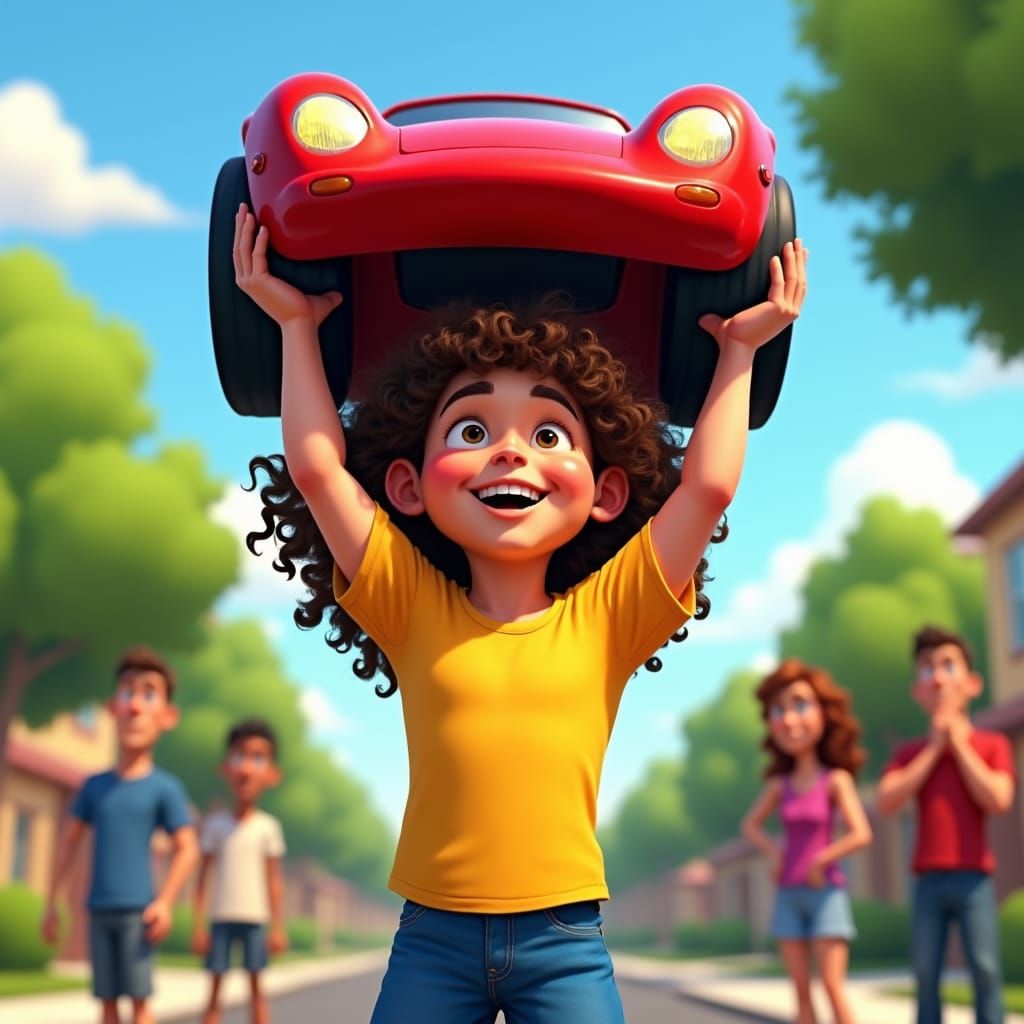 Muscular Boy Lifts Car, Disney Pixar Style