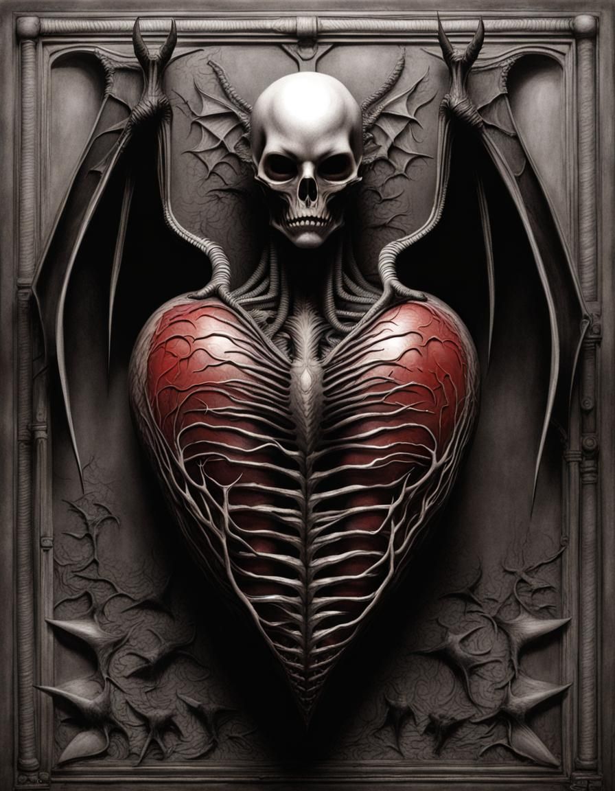 Biomechanical Heart with Bat Wings in Giger Style