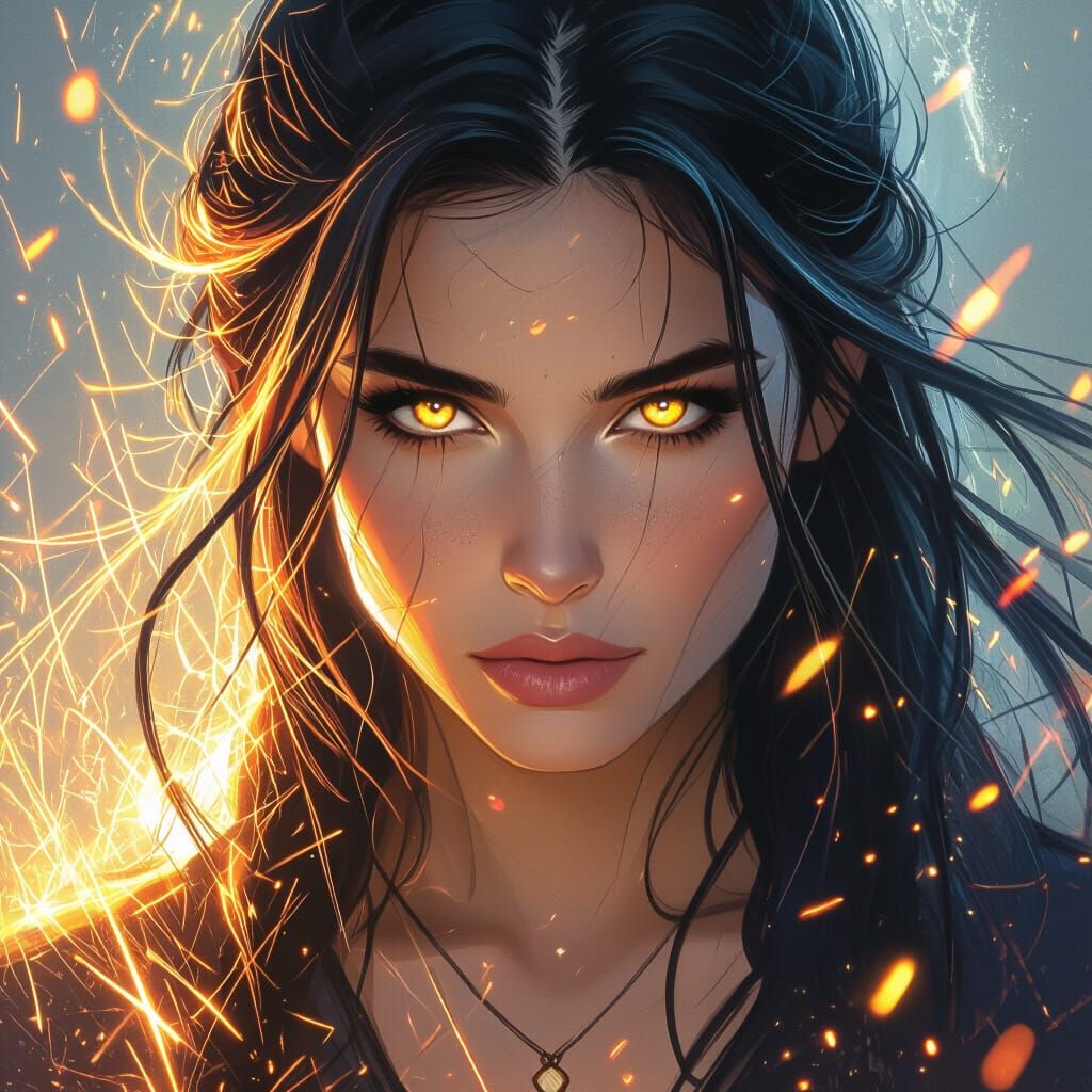 Fiery Eyed Woman Radiating Strength With Ethereal Glow