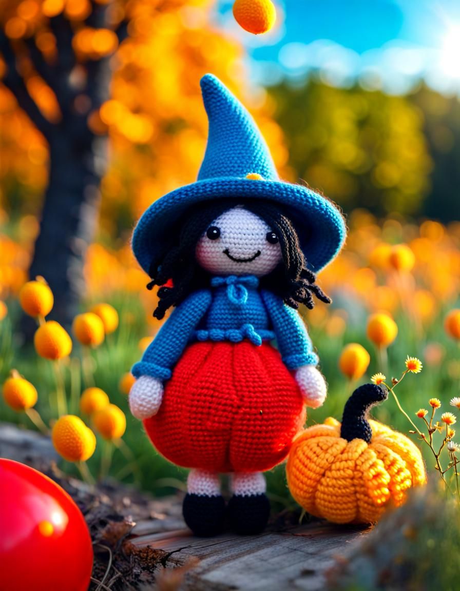 Cute Knitted Halloween Witch in Amigurumi Style
