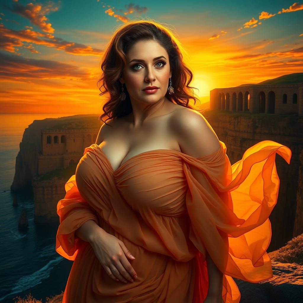 Elegant Woman in Renaissance-Inspired Sunset Landscape