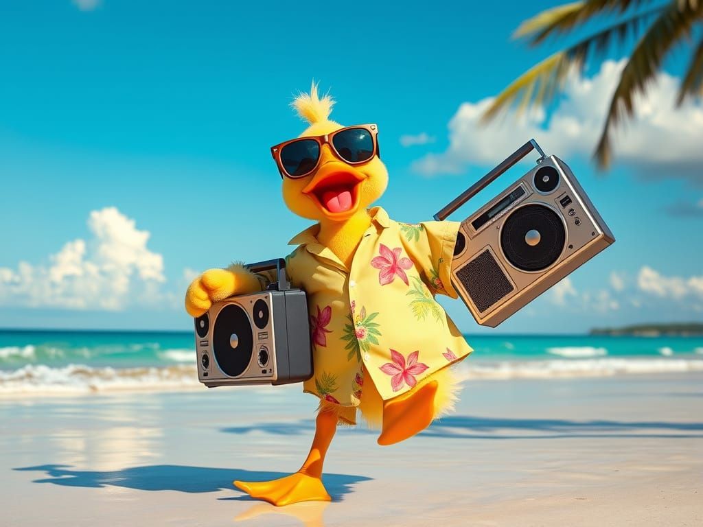 Dancing Duckling in Sunglasses on Beach
