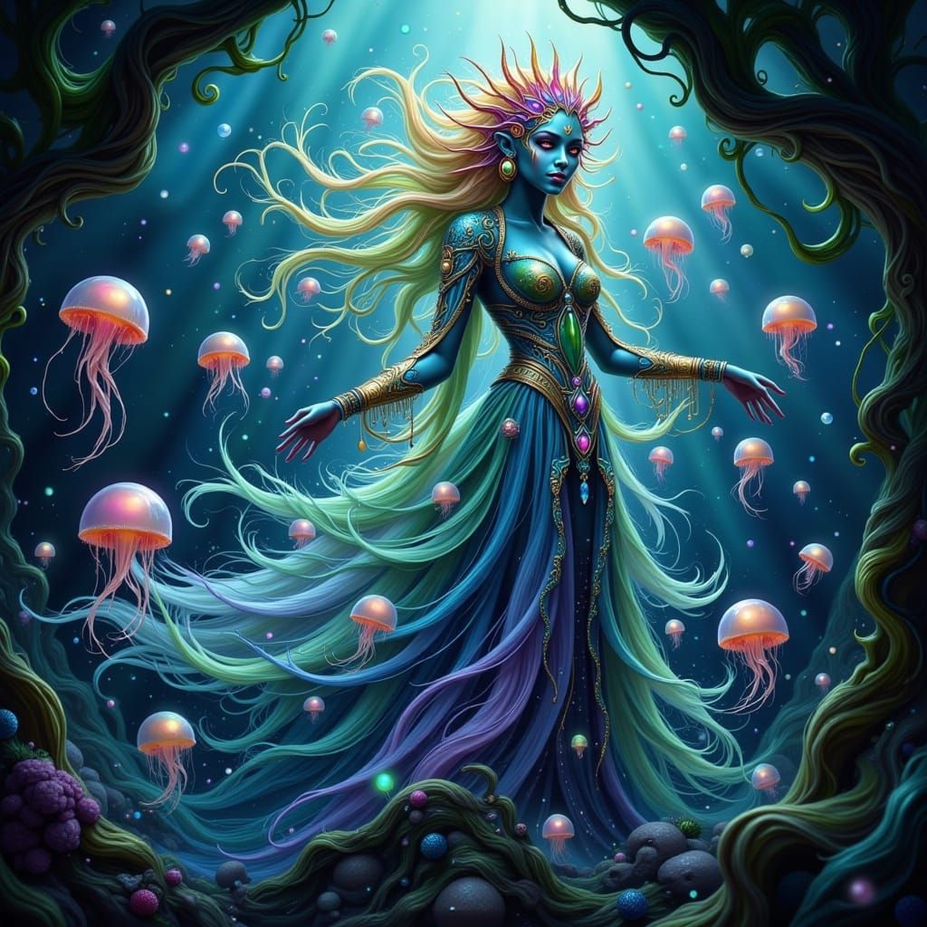 Surreal Deep Sea Goddess Rises from Glowing Jellyfish Halo