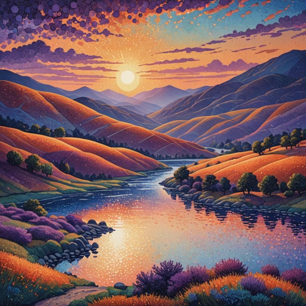 Pointillist Sunset Landscape with Rolling Hills