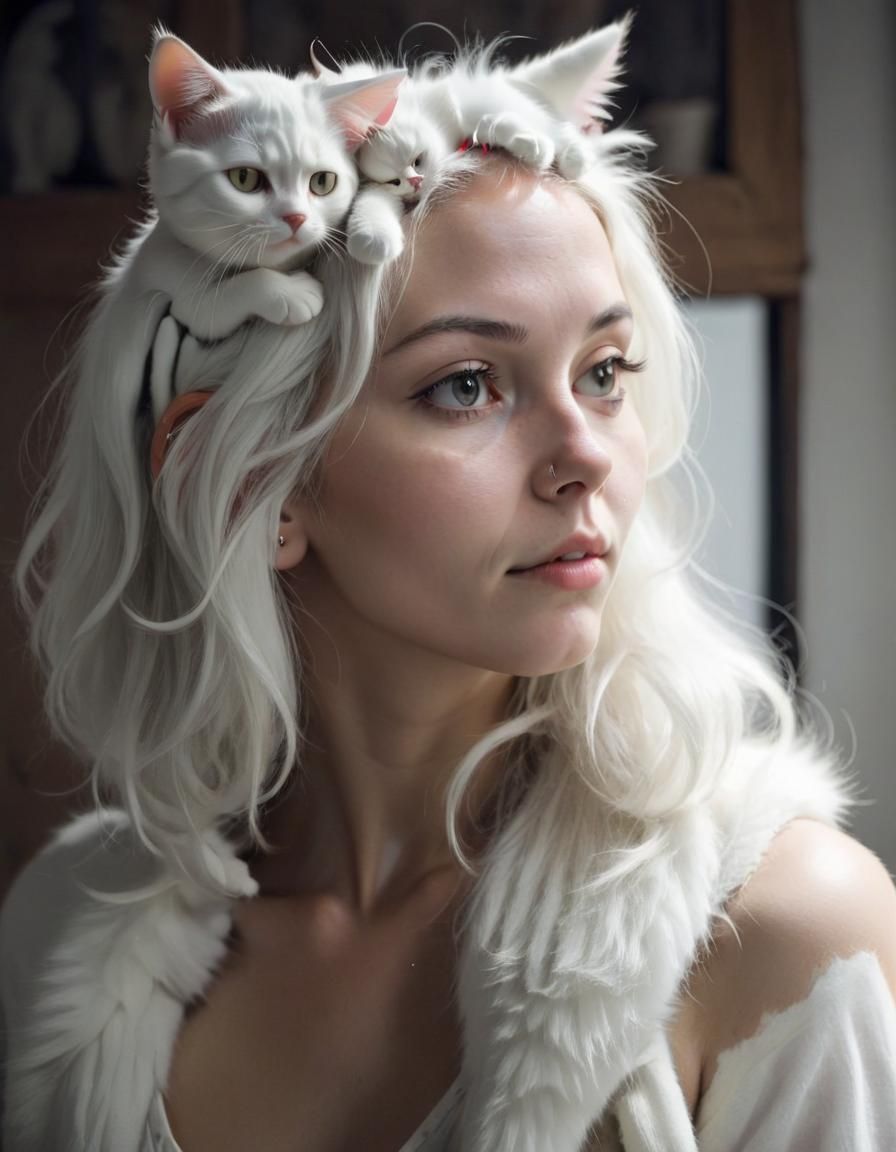 Femme  avec oreilles de chats, pulpeuse, cheveux blanc