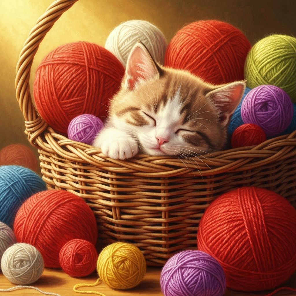 Sleeping Kitten in Yarn Basket, Whimsical Art
