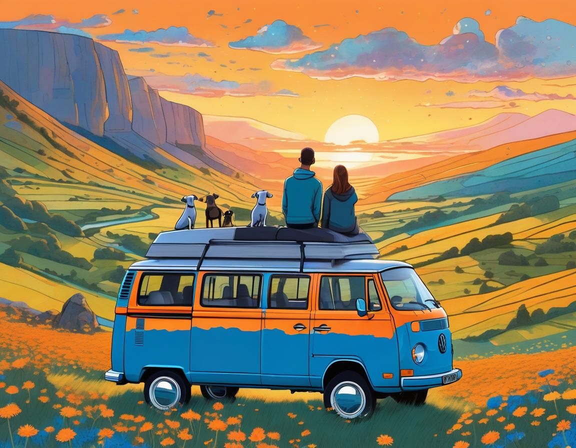 Whippets and Sunset View from Blue VW Van