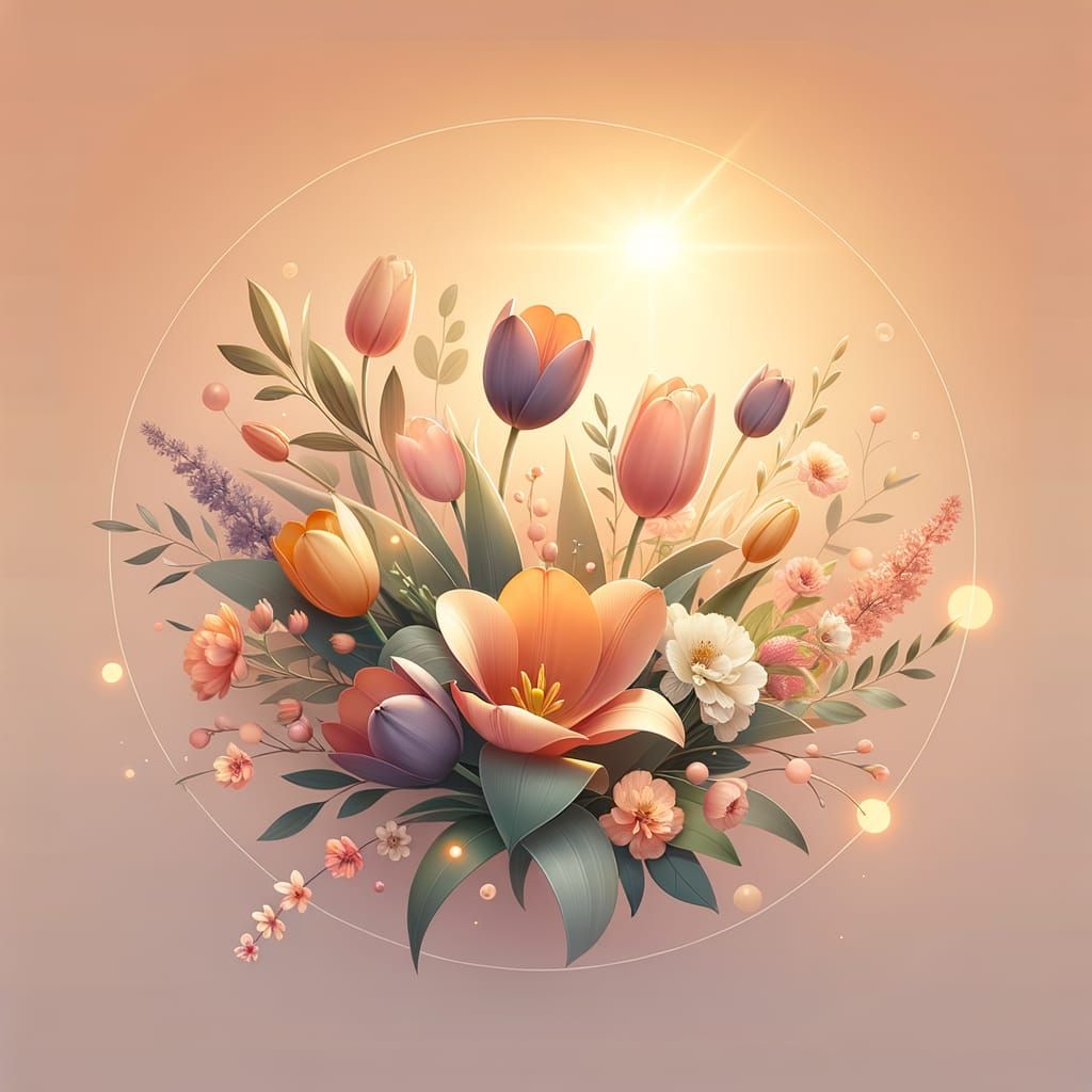 Tulips and Spring Flowers on a Warm Background in a Greeting...