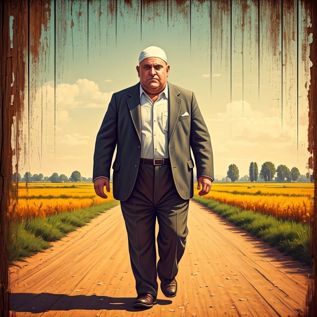 Sweaty Man on Country Road in Neo-Impressionist Style