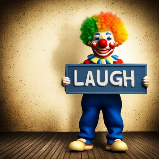 Clown Holding Laugh Sign in Realistic CGI Diorama