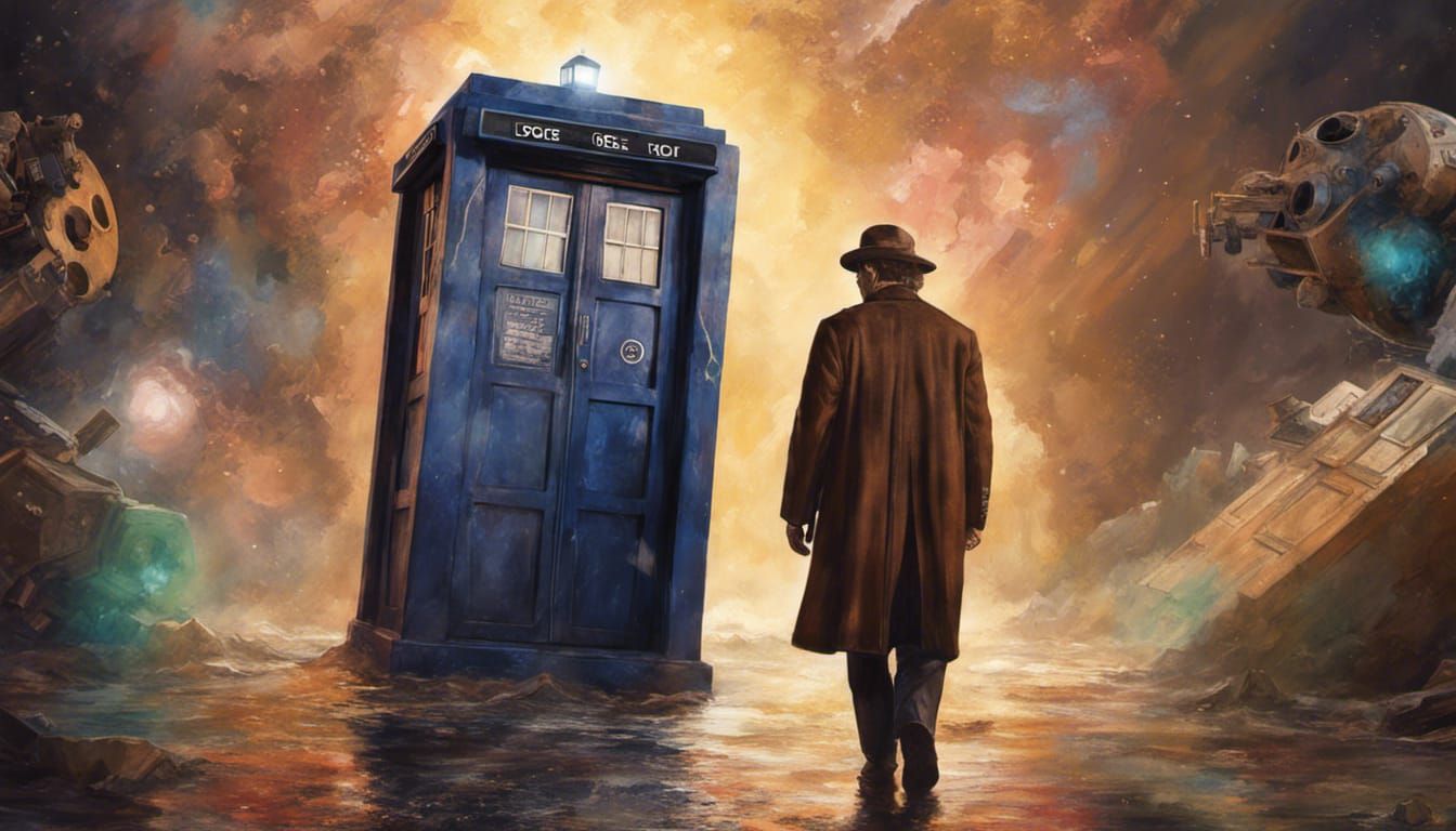 doctor who, Tom Baker, tardis, dalek, Hyperrealistic, splash art, concept art, mid shot, intricately detailed, color dep...