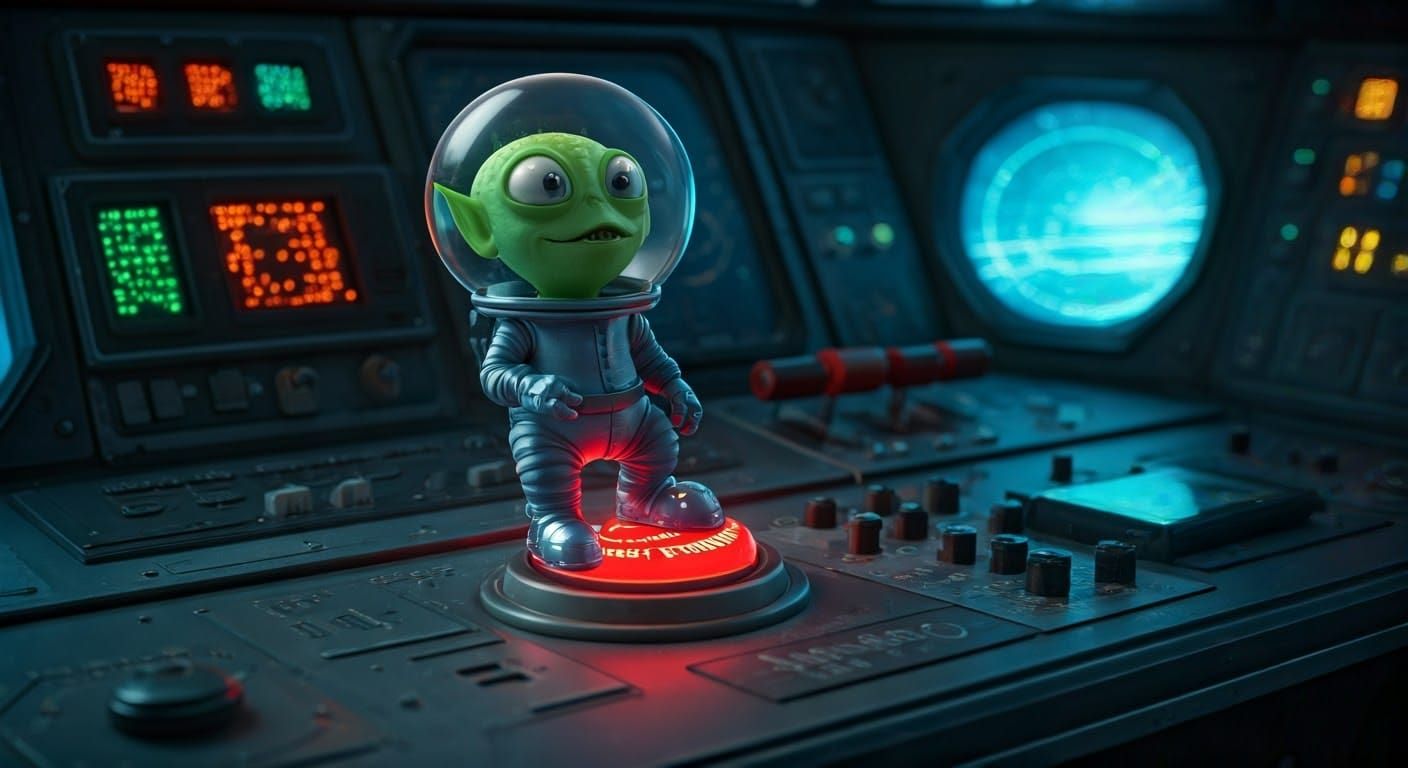 Tiny Alien Sits on Red Button as Spaceship Prepares for Lift...