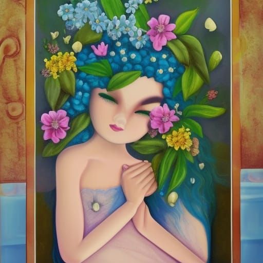 Woman with Blue Hair in Secret Flower Garden