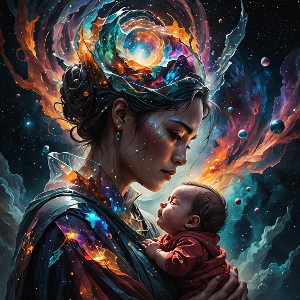 Glass Woman Holding Universe Baby: Detailed Matte Painting