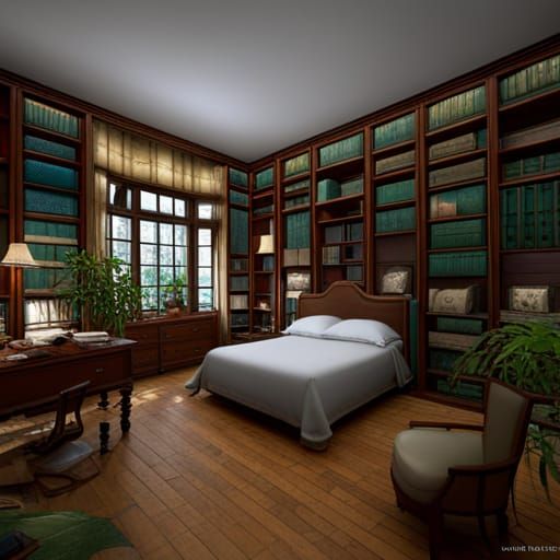 Fantastical Bedroom with Bookshelves and Garden View