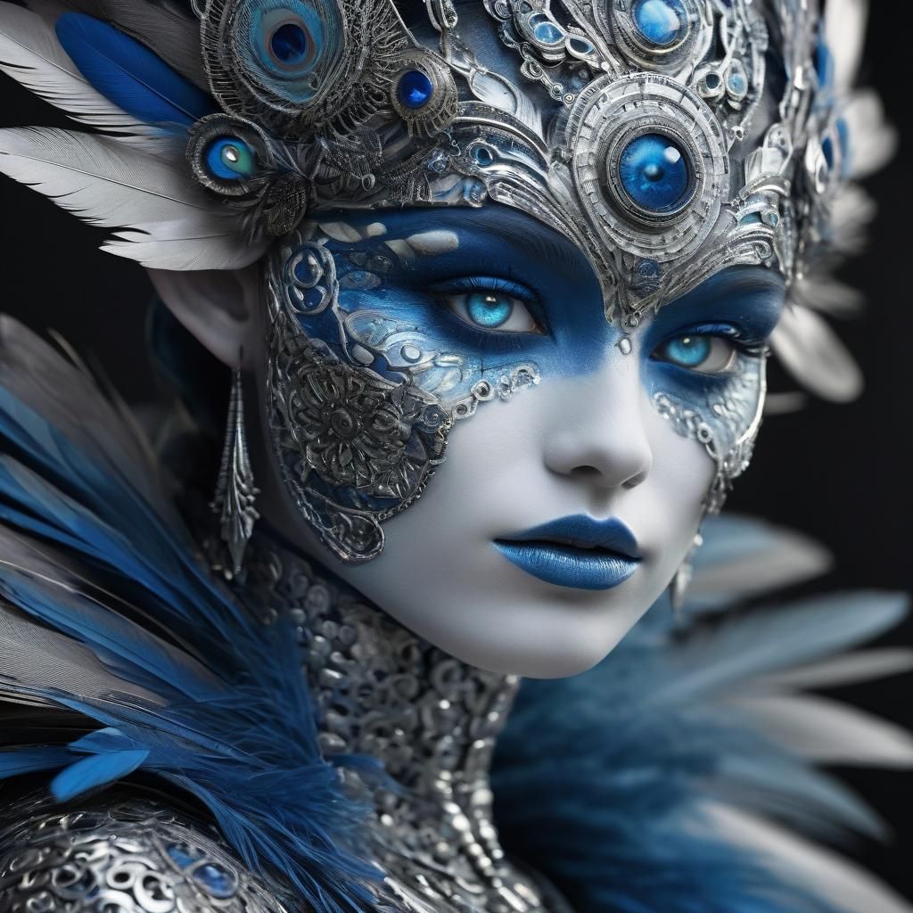 Intricate Blue and Silver Face with Striking Eyes