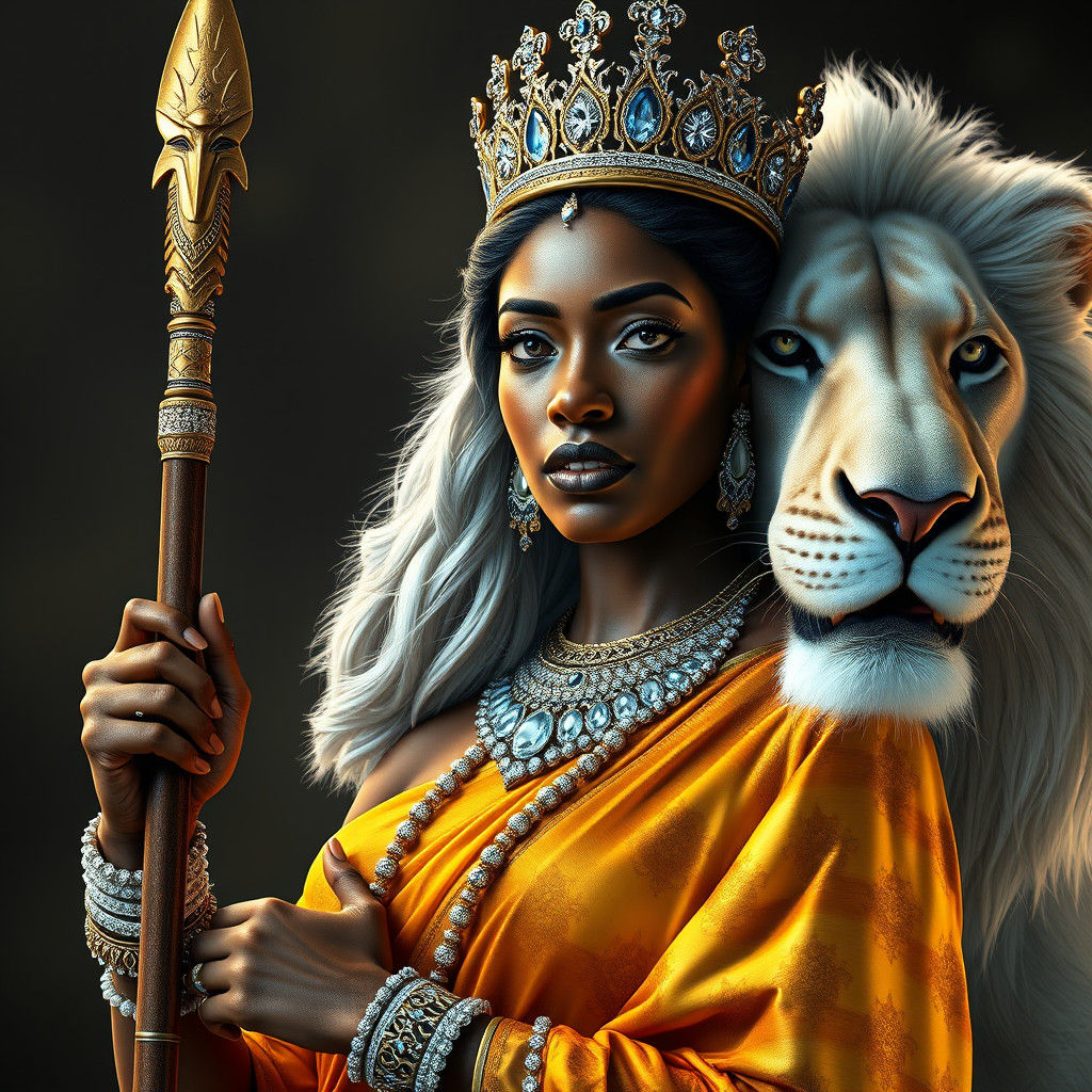 Radiant African-Indian Goddess with Golden Saree and Lion